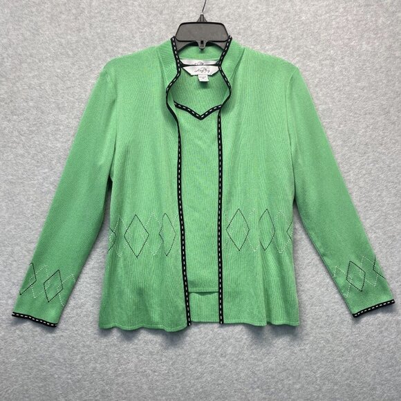 Ming Wang Knit Twin Set Womens XS Green Argyle Embroidered Cardigan Career‎ Wear - Picture 1 of 16